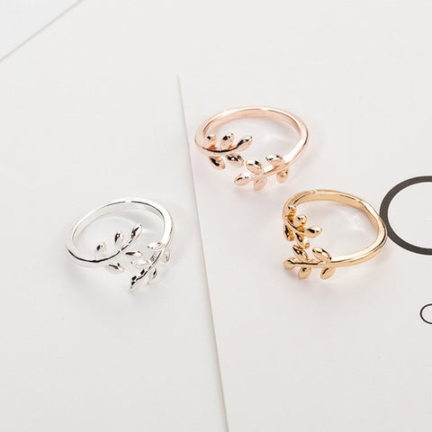 Elegant Adjustable Olive Tree Branch Leaves Open Ring
