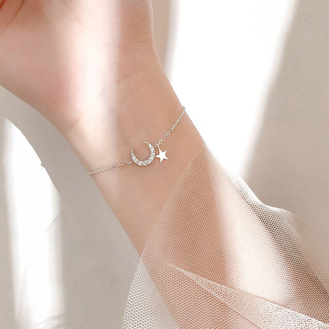925 Sterling Silver Crystal Star Moon Charm Bracelet